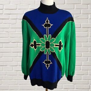 Vintage St. John Sportswear by Marie Gray Mock Neck Geometric Knit Sweater M USA
